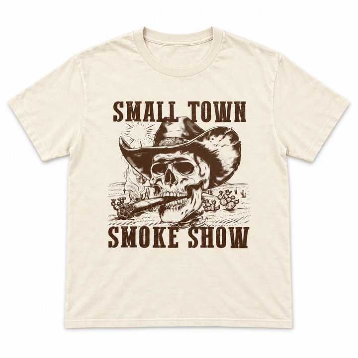 Small Town Smoke Show tan Western graphic tee flat product view on white background