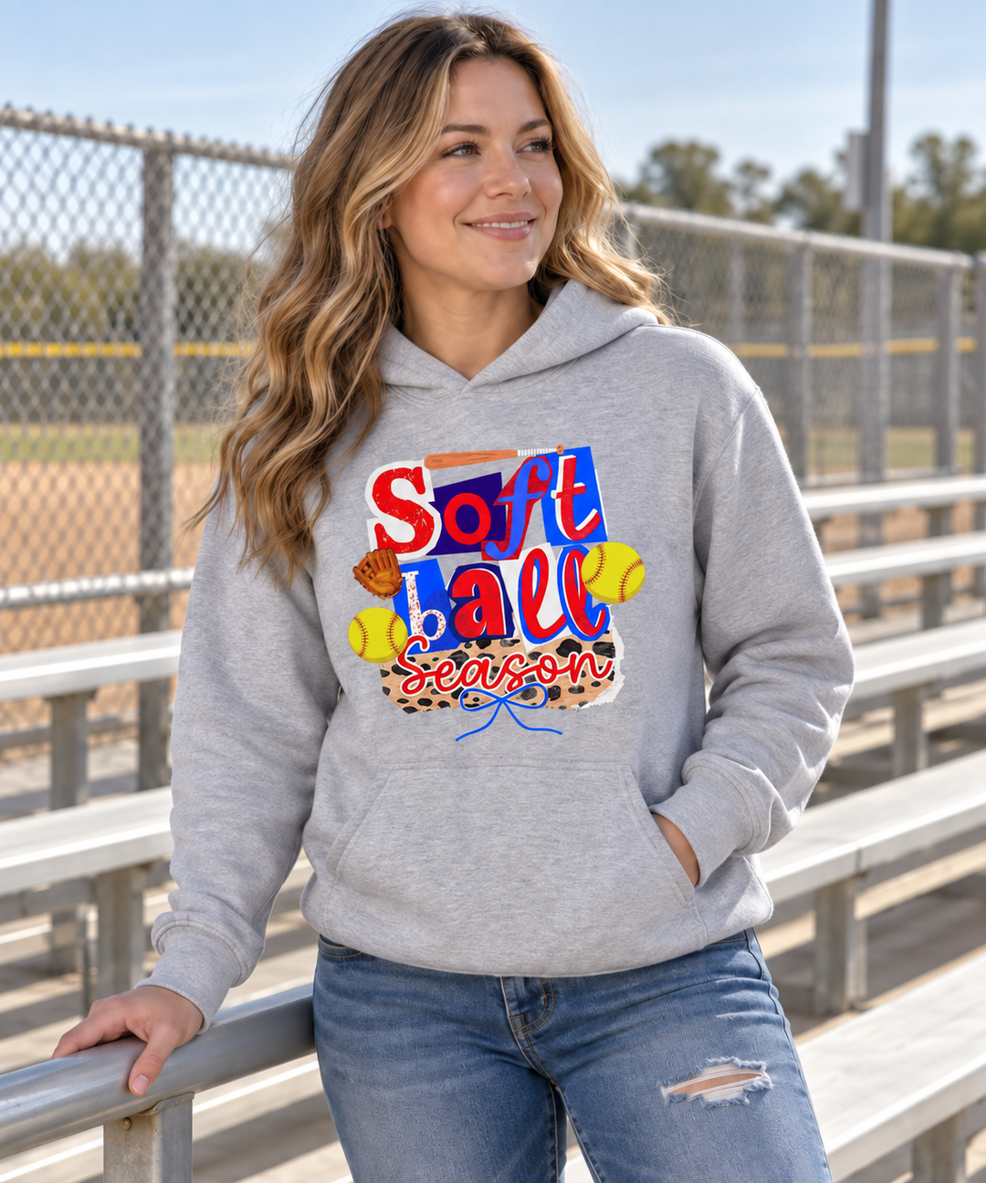 Woman wearing Softball Season patchwork sport grey hoodie