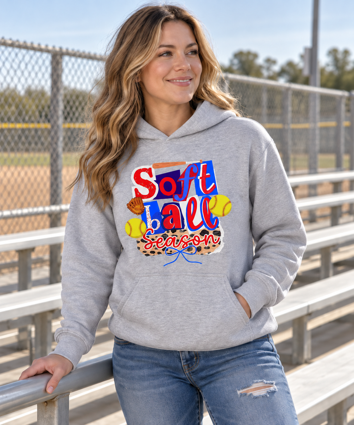 Woman wearing Softball Season patchwork sport grey hoodie
