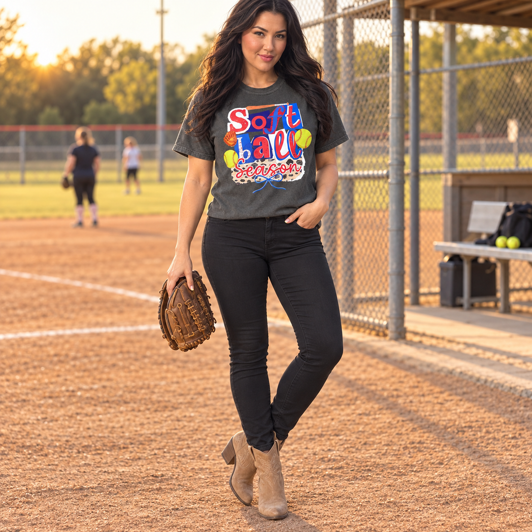 Softball Season patchwork Pepper tee full-body small-town softball lifestyle