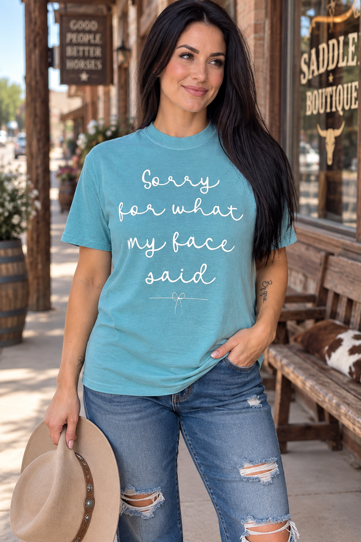 Sorry for What My Face Said seafoam tee close Western lifestyle