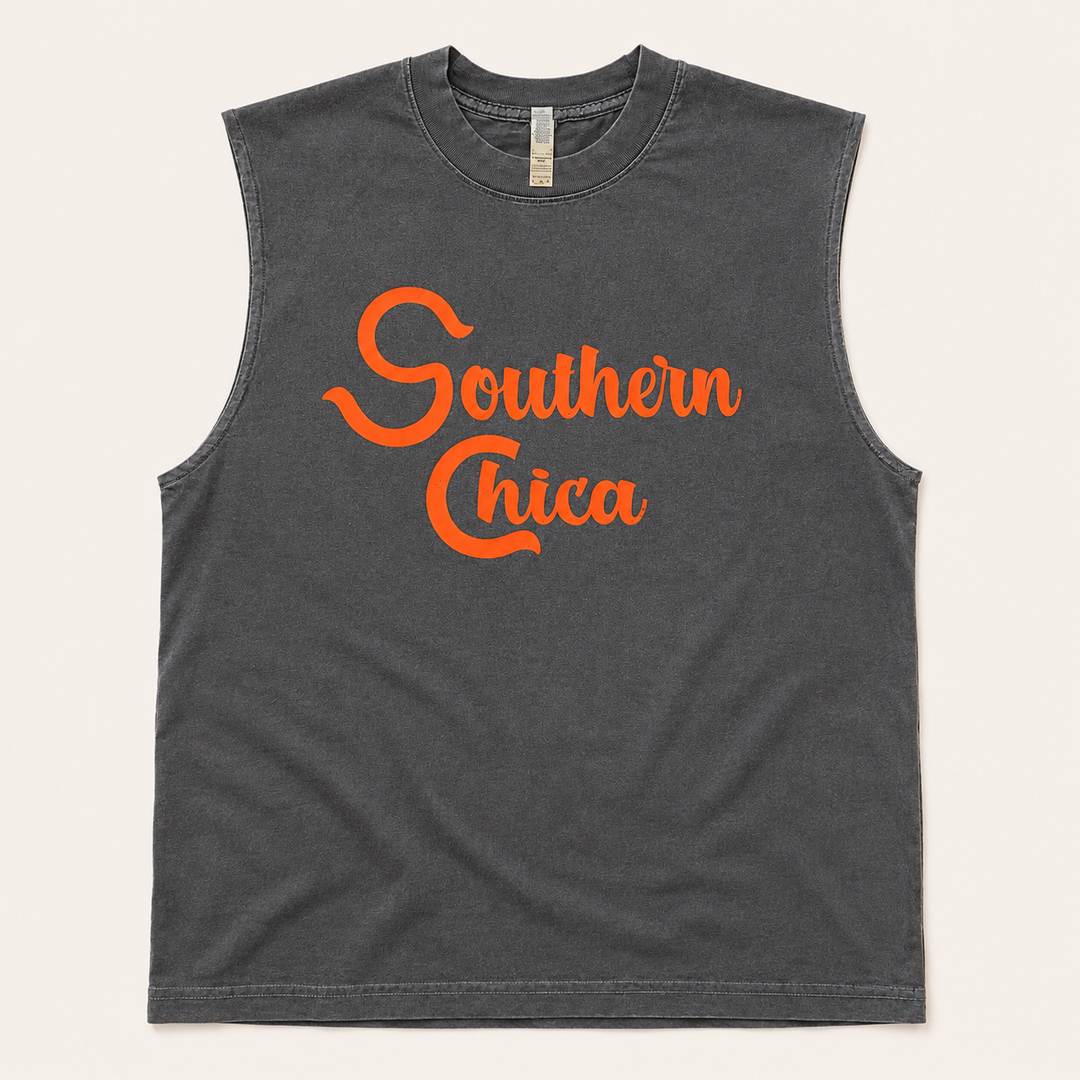 Faded black Southern Chica sleeveless muscle tank with orange script, flat product view