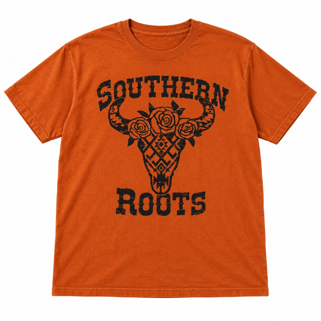 Southern Roots Texas orange Western graphic tee laid flat on white