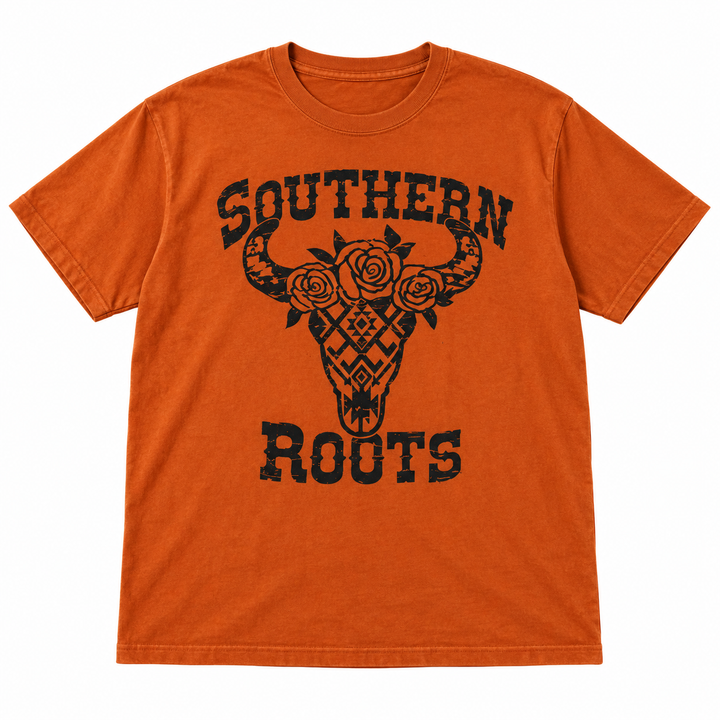 Southern Roots Texas orange Western graphic tee laid flat on white