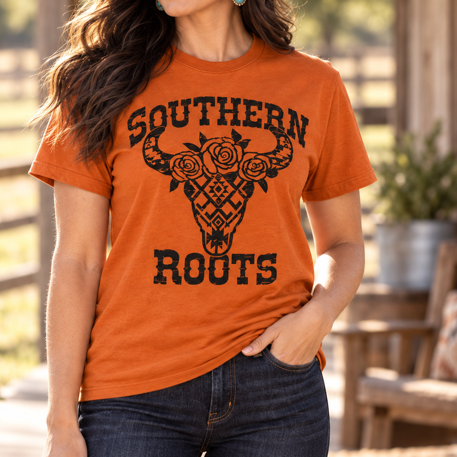 Southern Roots Sedona Western tee close model view on a ranch porch