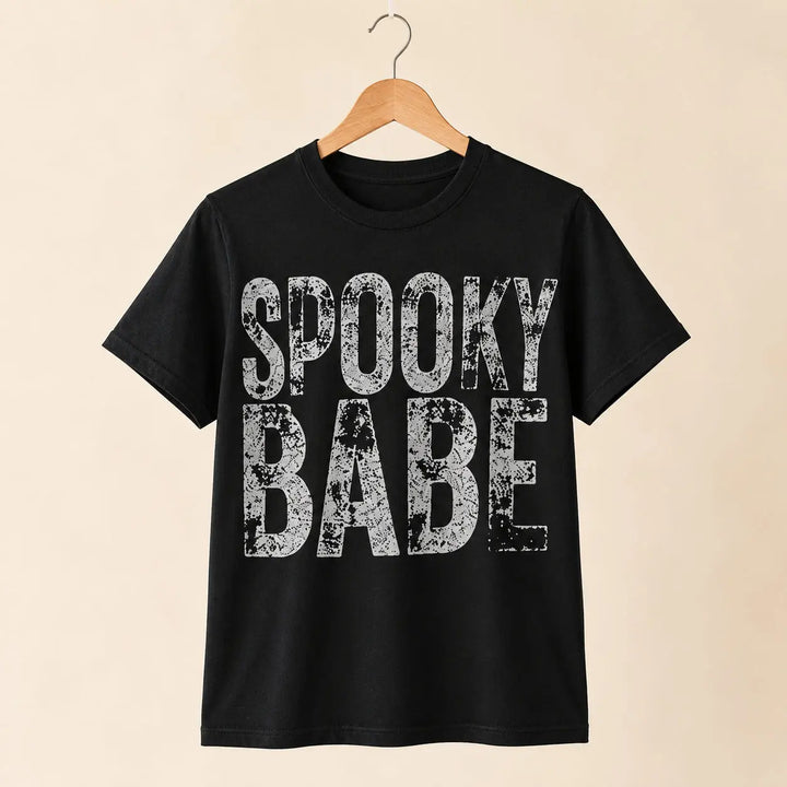 Clean studio view of Spooky Babe faux glitter Halloween graphic tee