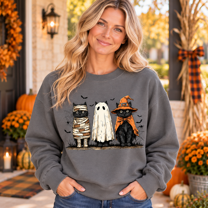 Spooky Cats charcoal Halloween crewneck close model view