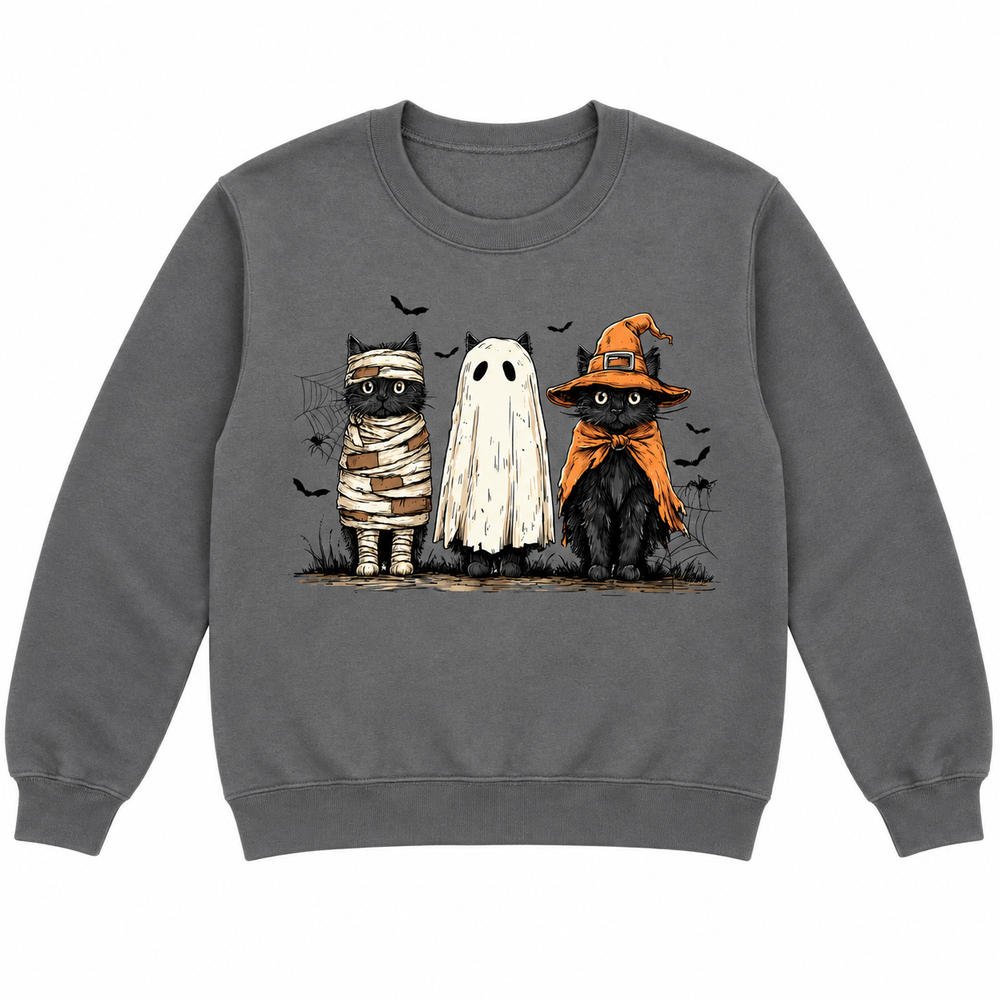 Spooky Cats charcoal Halloween crewneck complete lay-flat on white