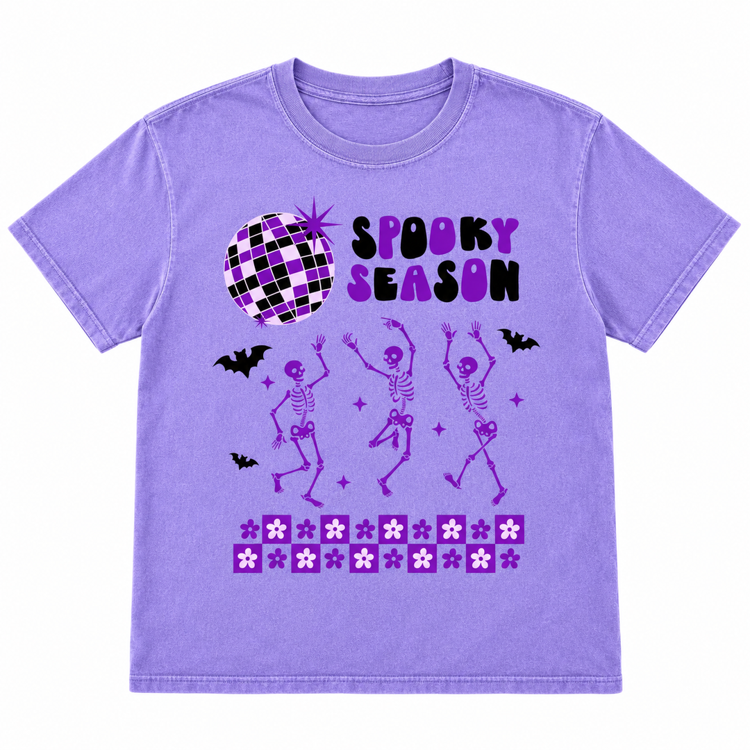 Spooky Season Disco Violet Halloween Graphic Tee lay-flat on pure white background