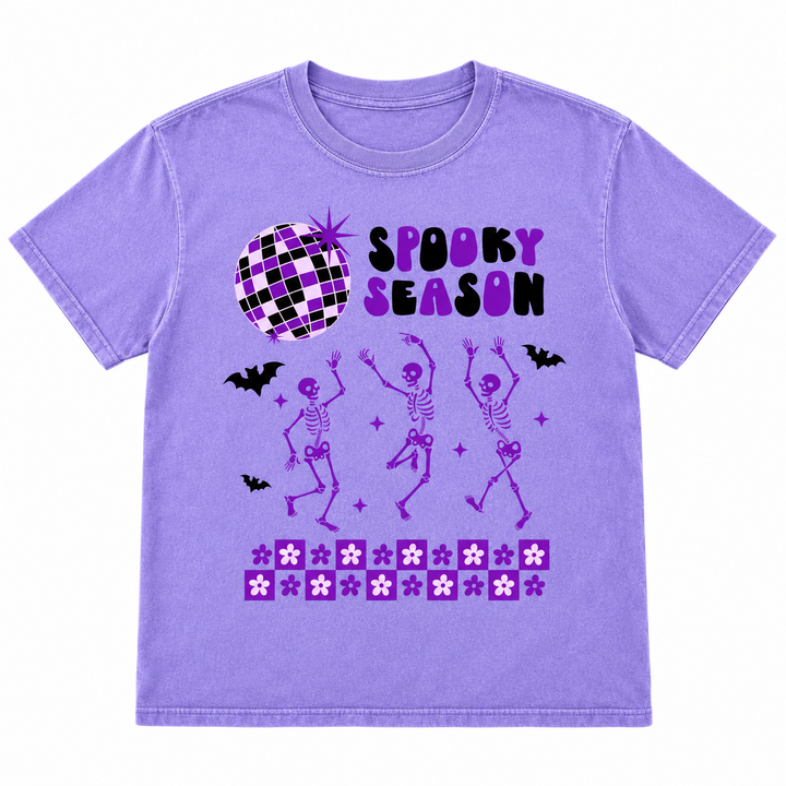 Spooky Season Disco Violet Halloween Graphic Tee lay-flat on pure white background