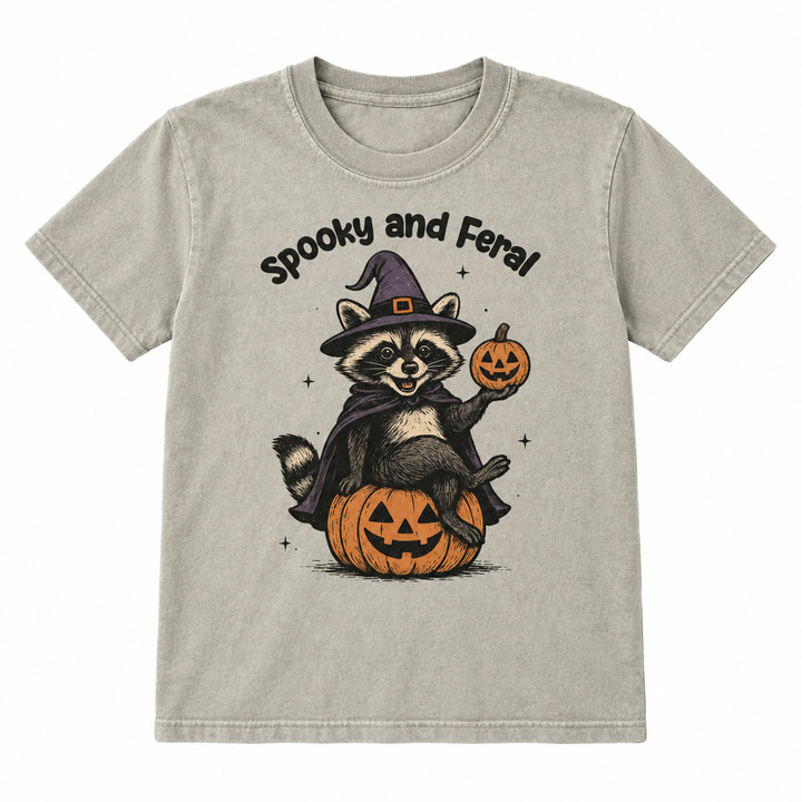 Spooky and Feral raccoon Halloween tee flat lay on white