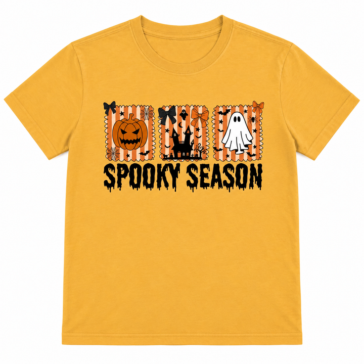 Spooky Season Squares Old Gold Halloween Tee laid flat on pure white