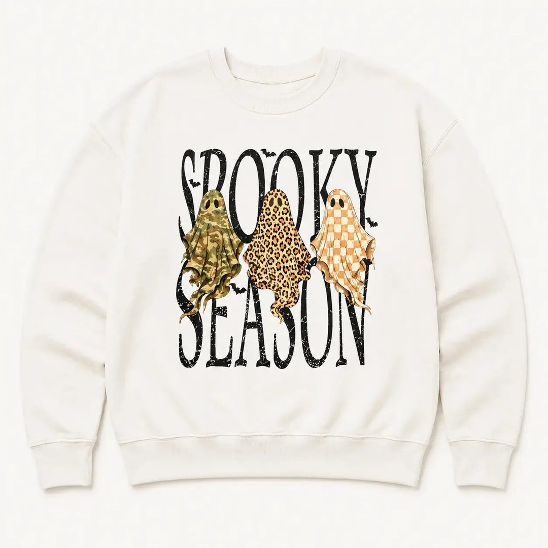 Spooky Season trio ghost Off White crewneck, front product view