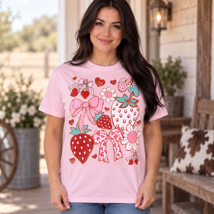 Woman wearing the light pink Strawberries and Bows graphic tee in a close Western portrait
