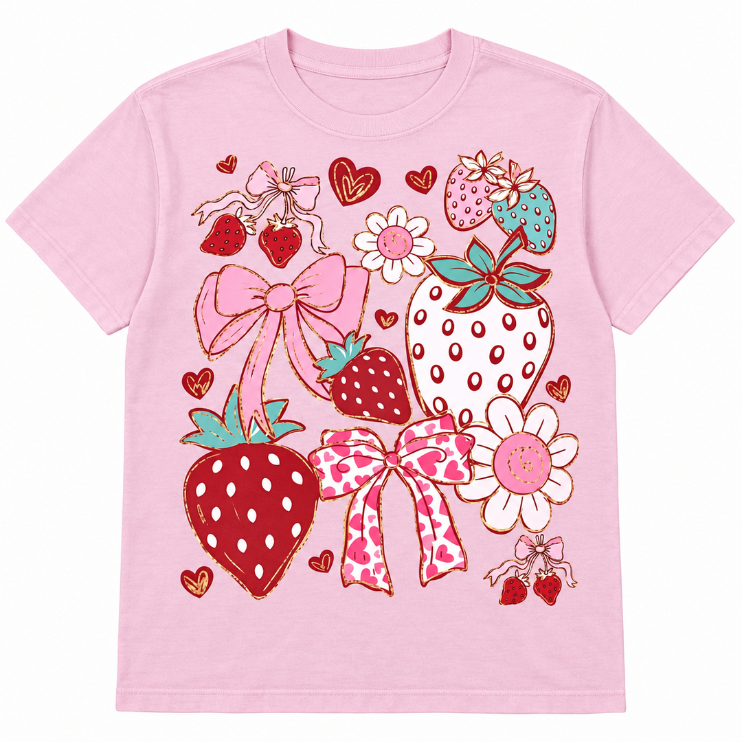 Light pink Strawberries and Bows graphic tee on a pure white background