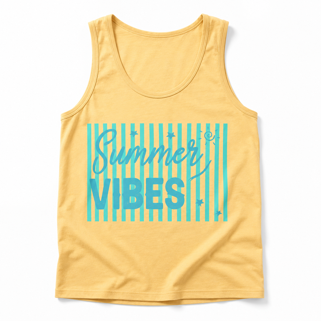 Summer Vibes squash-yellow graphic tank top on a clean studio background