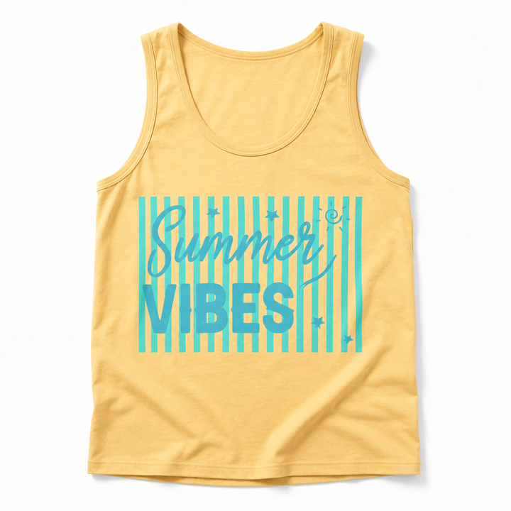 Summer Vibes squash-yellow graphic tank top on a clean studio background