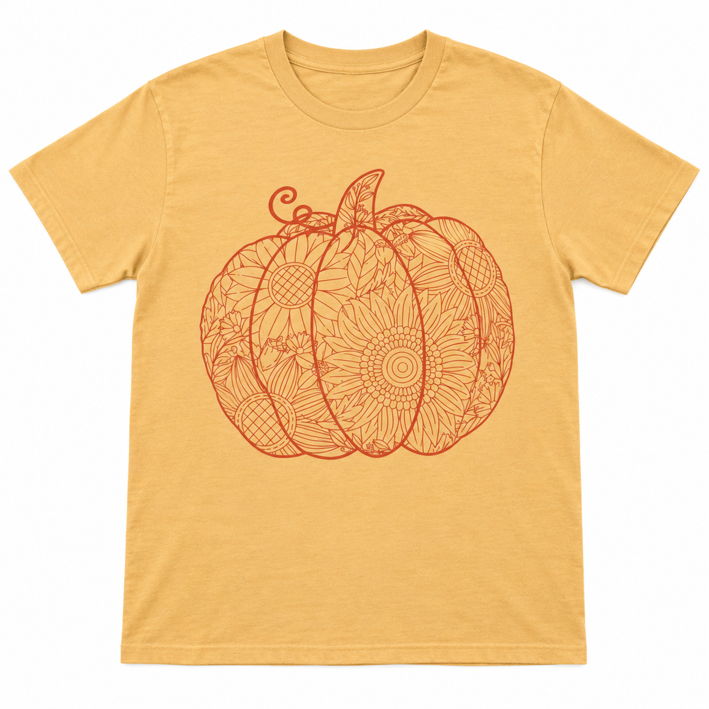 Sunflower Pumpkin Cutout Old Gold fall graphic tee complete product view on pure white