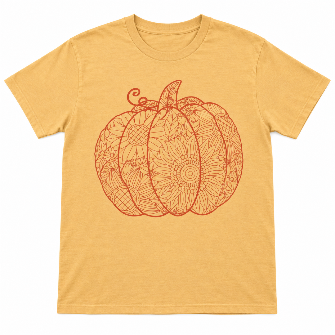 Sunflower Pumpkin Cutout Old Gold fall graphic tee complete product view on pure white