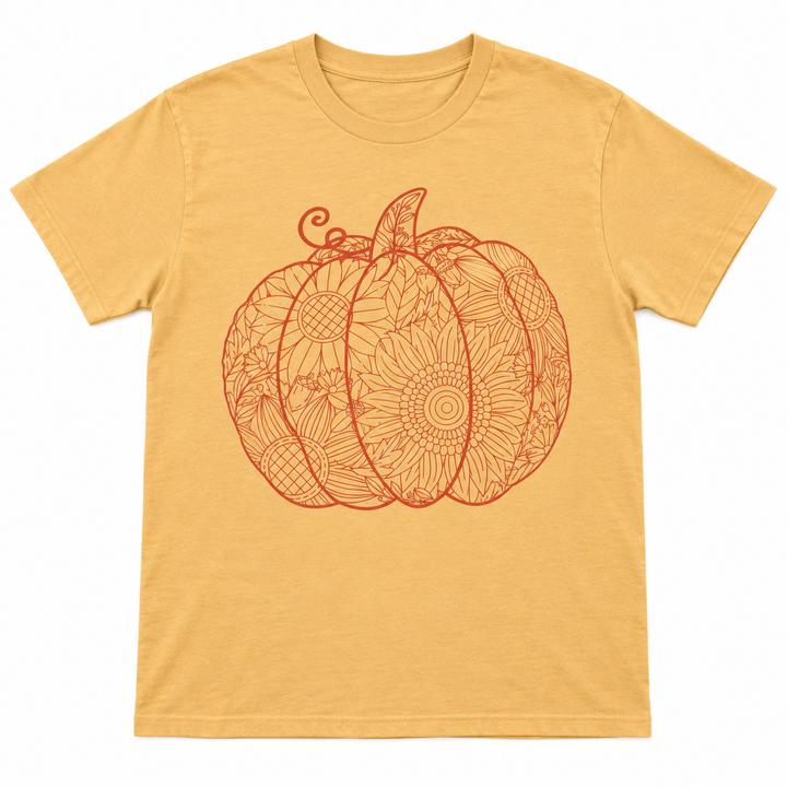 Sunflower Pumpkin Cutout Old Gold fall graphic tee complete product view on pure white