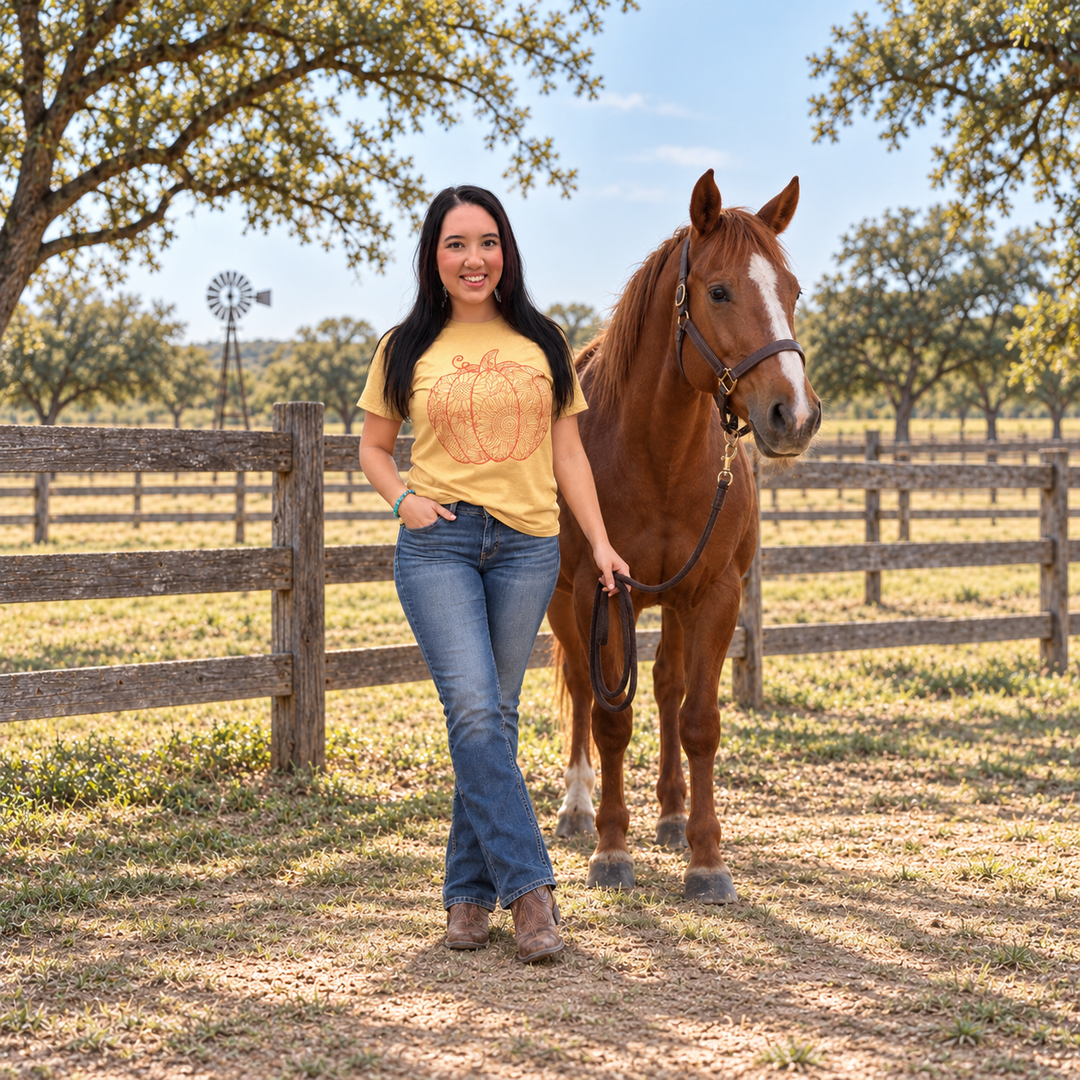 Woman wearing Sunflower Pumpkin Cutout Old Gold fall tee beside a horse on a Central Texas ranch