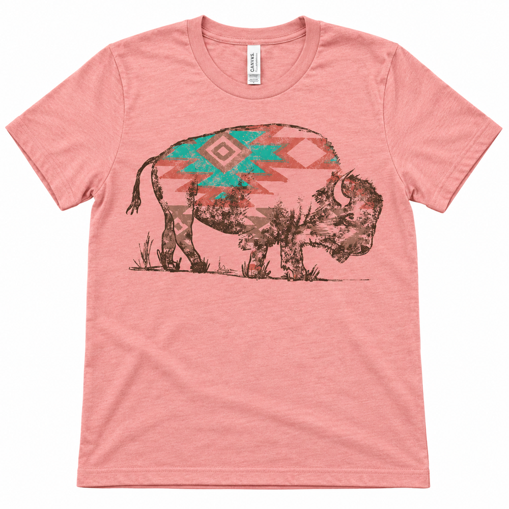 Sunset Aztec Buffalo heather sunset graphic tee lay-flat on white
