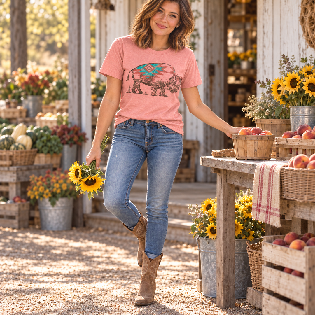 Sunset Aztec Buffalo tee full-body farm market lifestyle