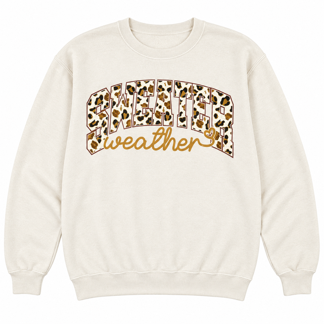 Sweater Weather Leopard beige crewneck flat lay on pure white