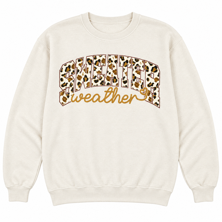 Sweater Weather Leopard beige crewneck flat lay on pure white