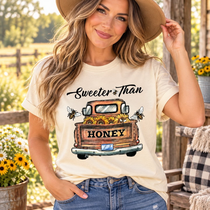 Sweeter Than Honey Natural tee close model view at a family farm