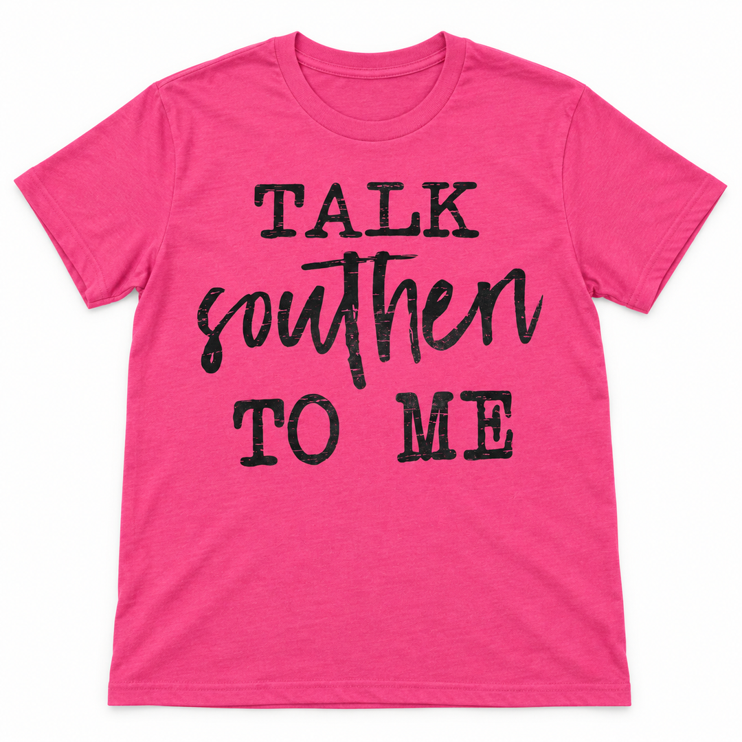 Talk Southern to Me Heliconia pink graphic tee lay-flat on white background