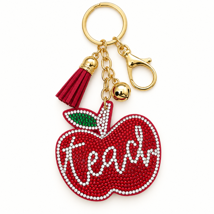 Gold teacher apple rhinestone keychain and bag charm flat product view