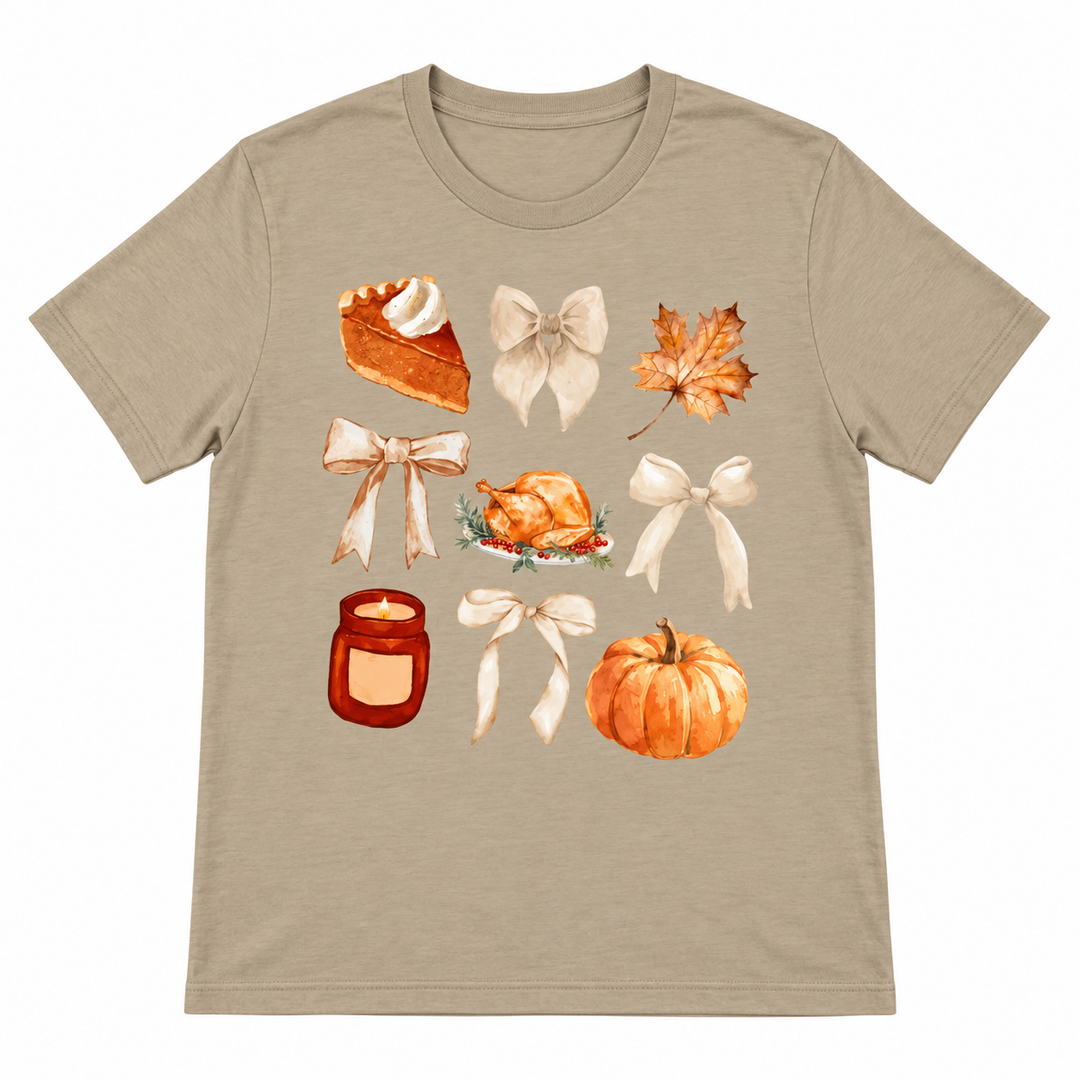 Thanksgiving and Bows Heather Tan Graphic Tee lay-flat on pure white background