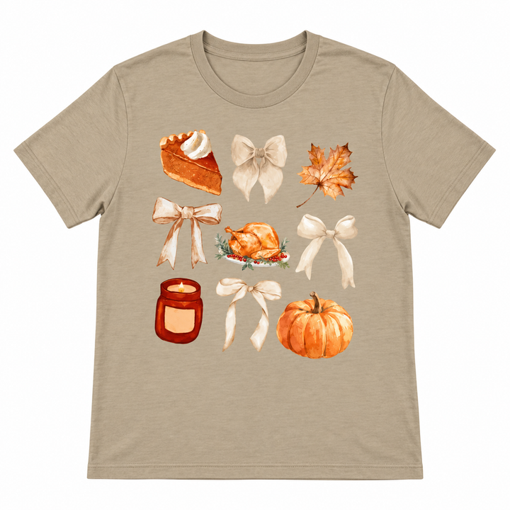 Thanksgiving and Bows Heather Tan Graphic Tee lay-flat on pure white background