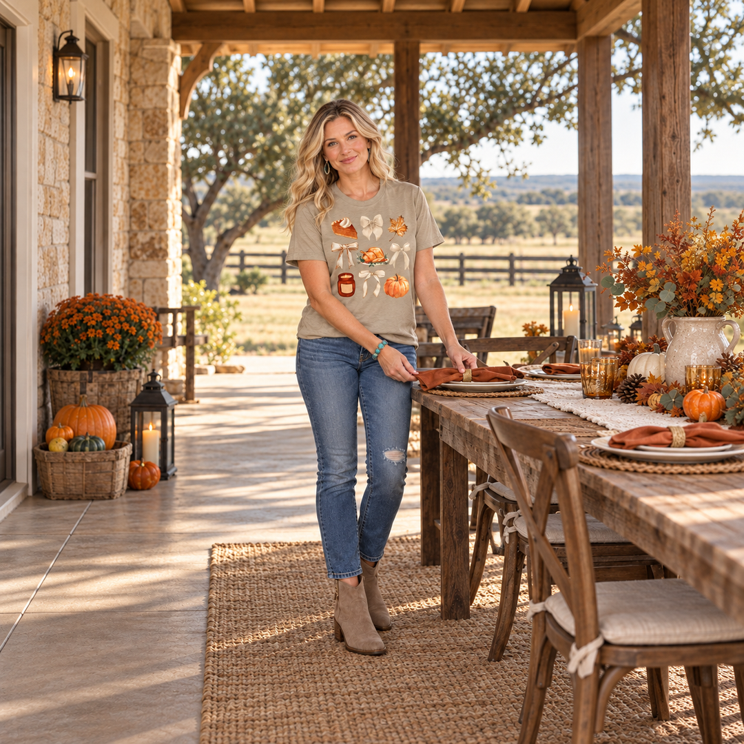 Thanksgiving and Bows Heather Tan Graphic Tee full-body ranch porch lifestyle image