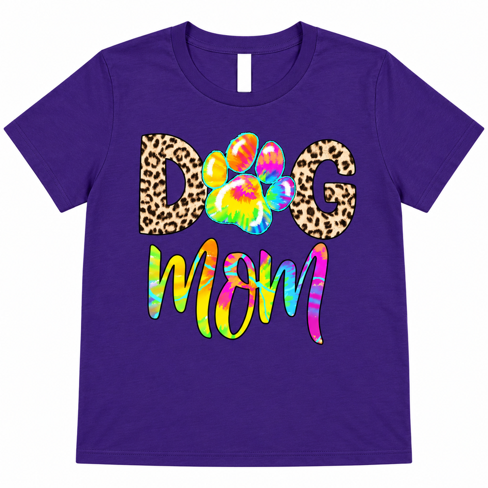 Tie-Dye Dog Mom purple graphic tee lay-flat on white