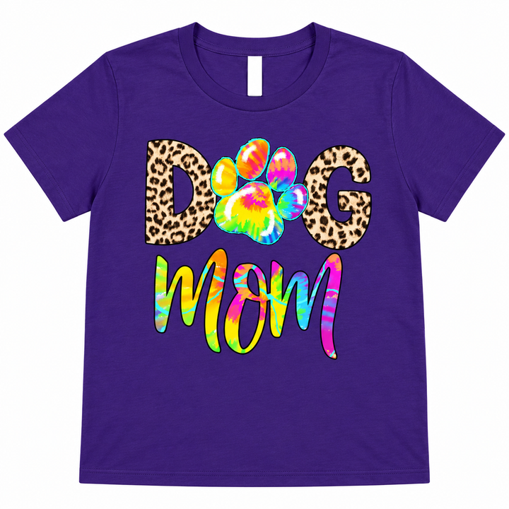 Tie-Dye Dog Mom purple graphic tee lay-flat on white