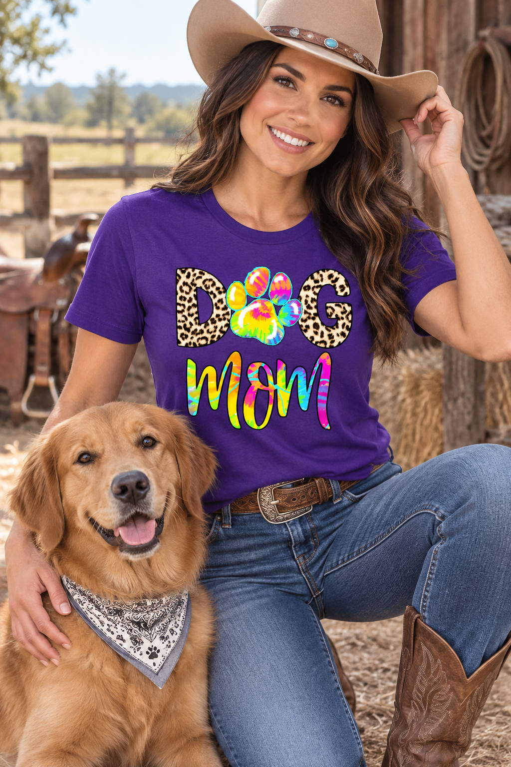 Tie-Dye Dog Mom purple tee close Western ranch lifestyle