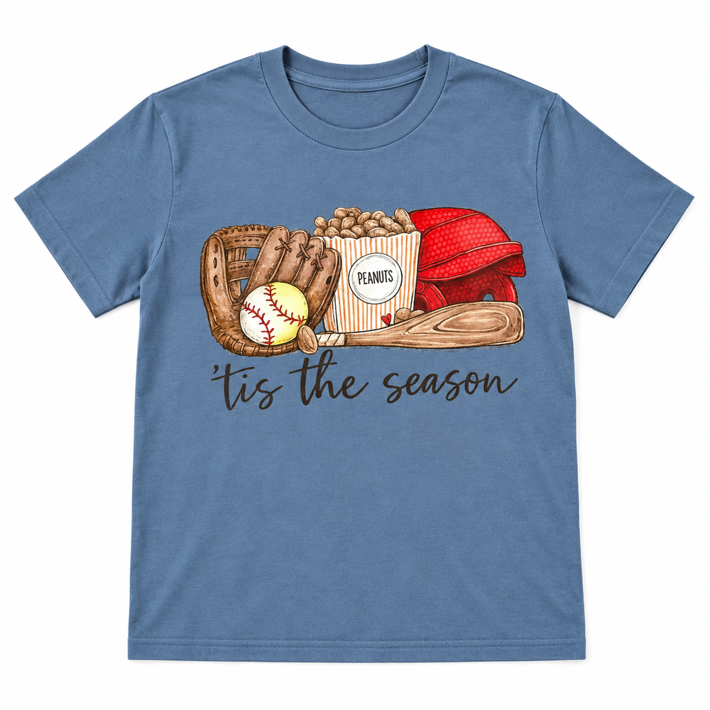 Tis the Season dusty blue baseball graphic tee lay-flat on white
