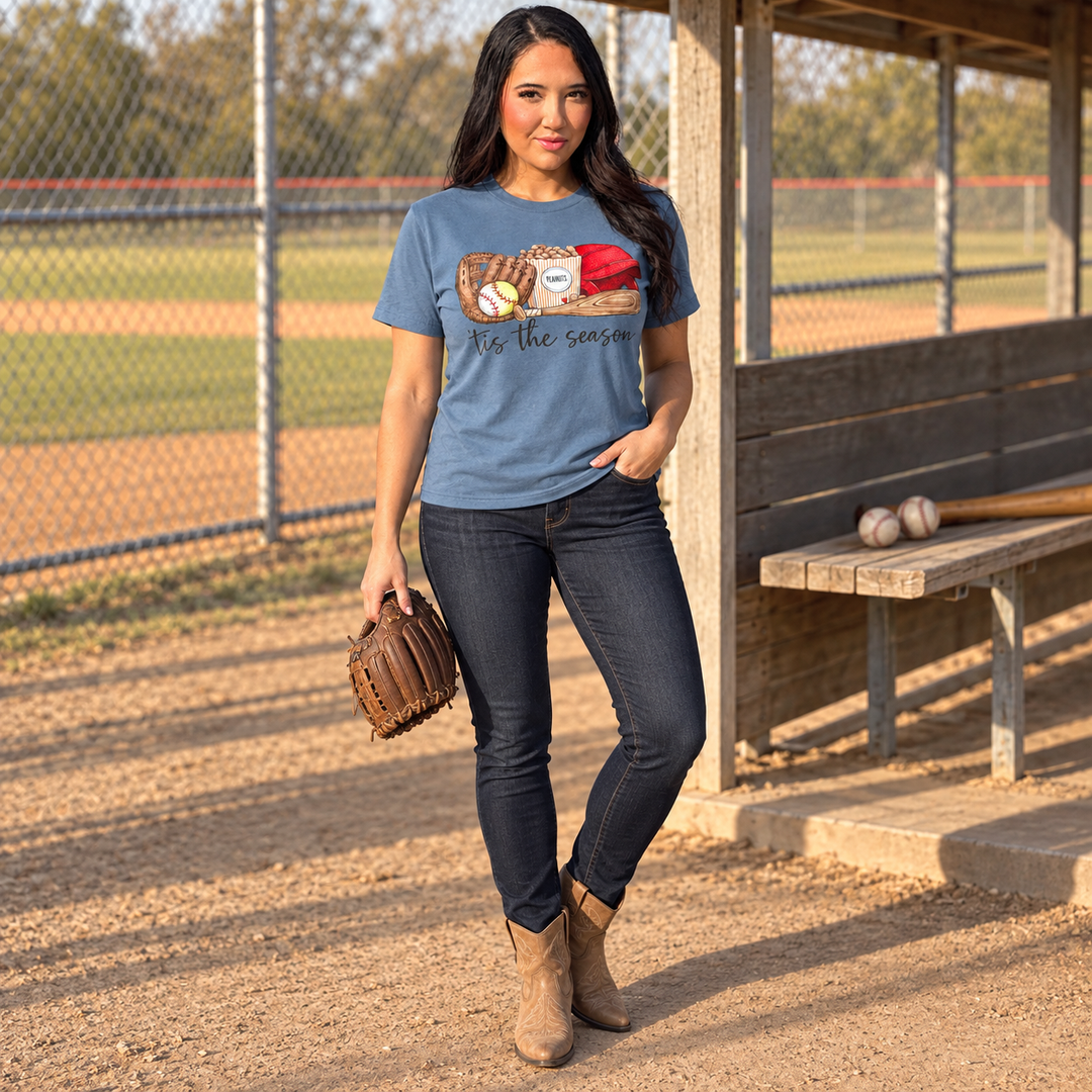 Tis the Season dusty blue baseball graphic tee full-body ballfield lifestyle