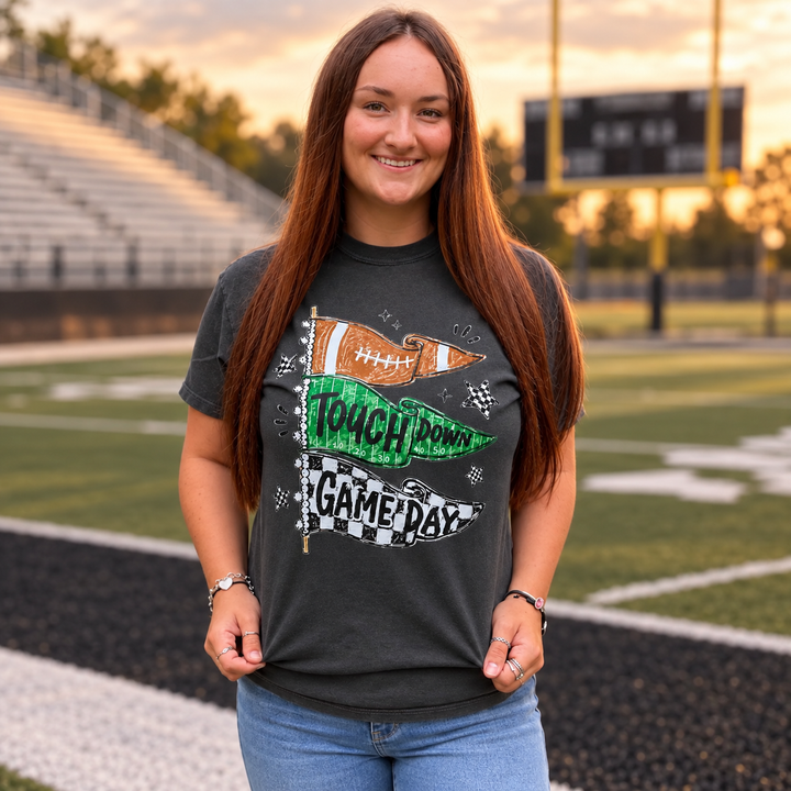 Touchdown Flags Pepper football graphic tee modeled in a complete front view