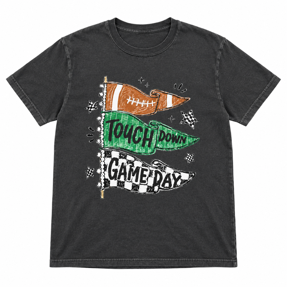 Touchdown Flags Pepper football graphic tee single-garment lay-flat on pure white