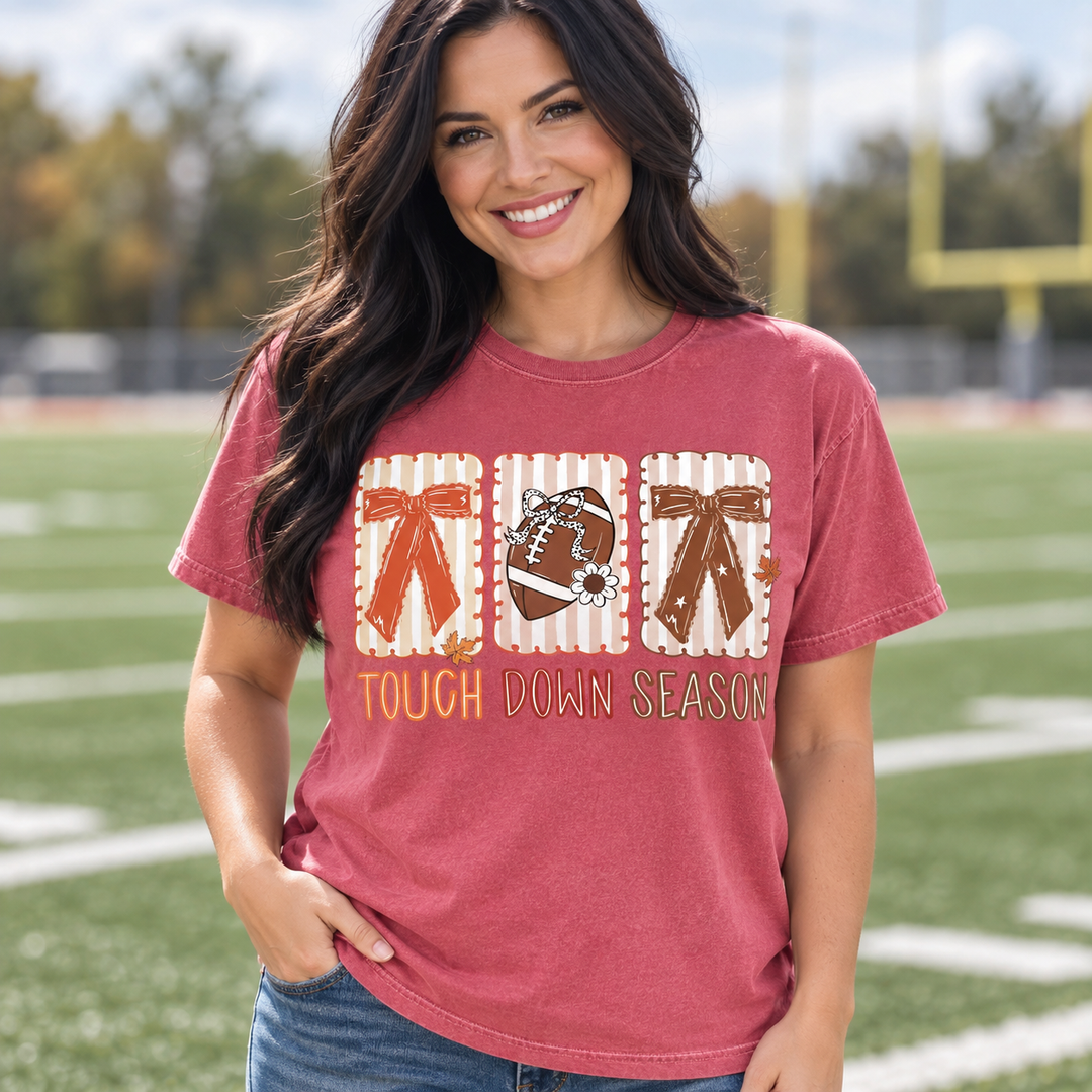 Touchdown Season Bows crimson football tee on model, front view