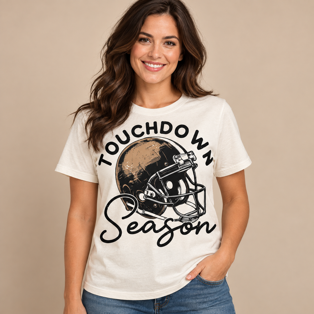 Touchdown Season natural football graphic tee on model, front view