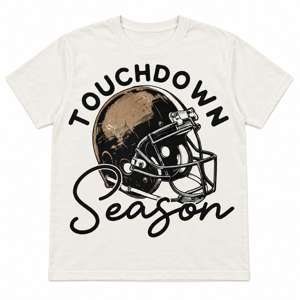 Touchdown Season natural football graphic tee, white background flat lay