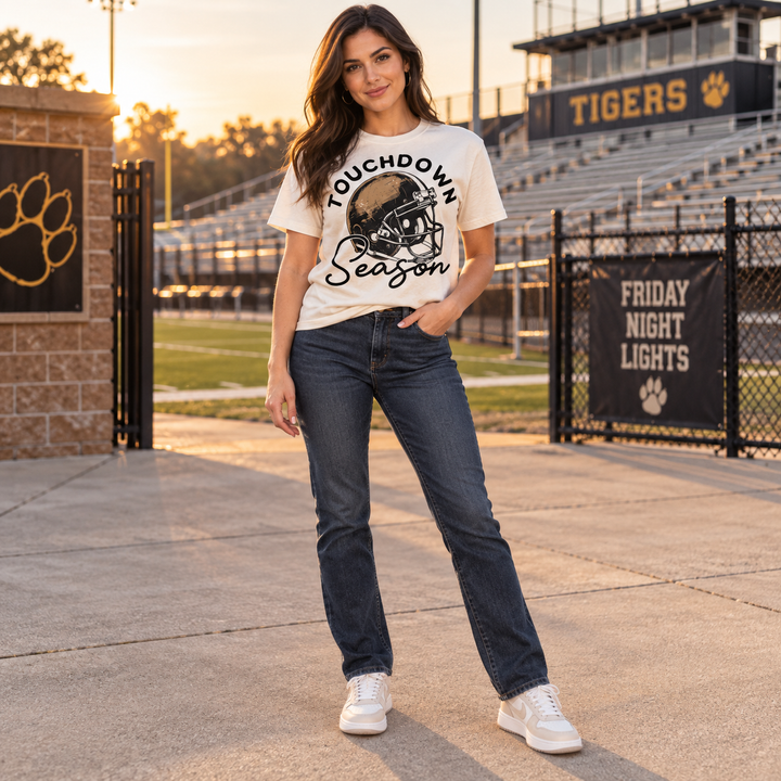 Touchdown Season natural football graphic tee styled at football stadium