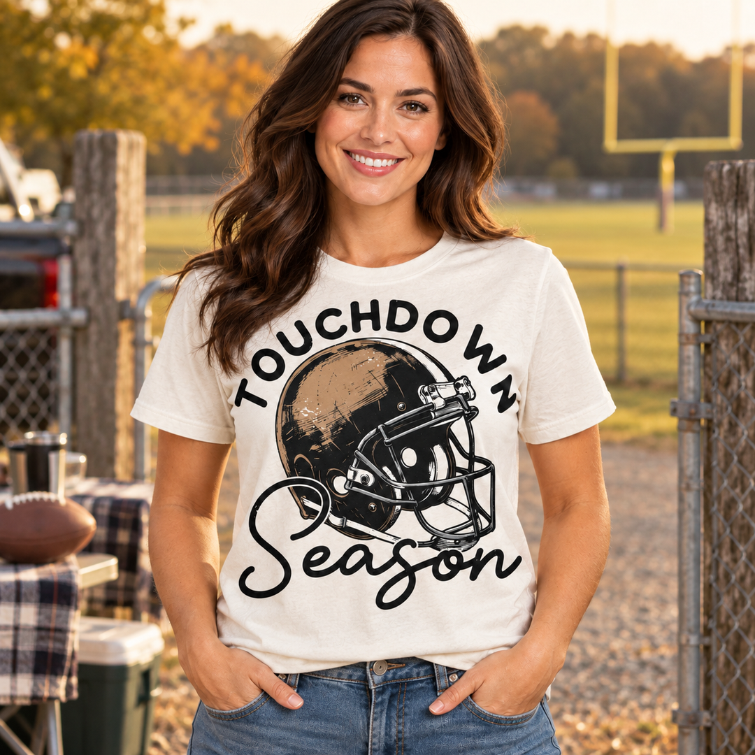 Touchdown Season natural football graphic tee close model view near a small-town field