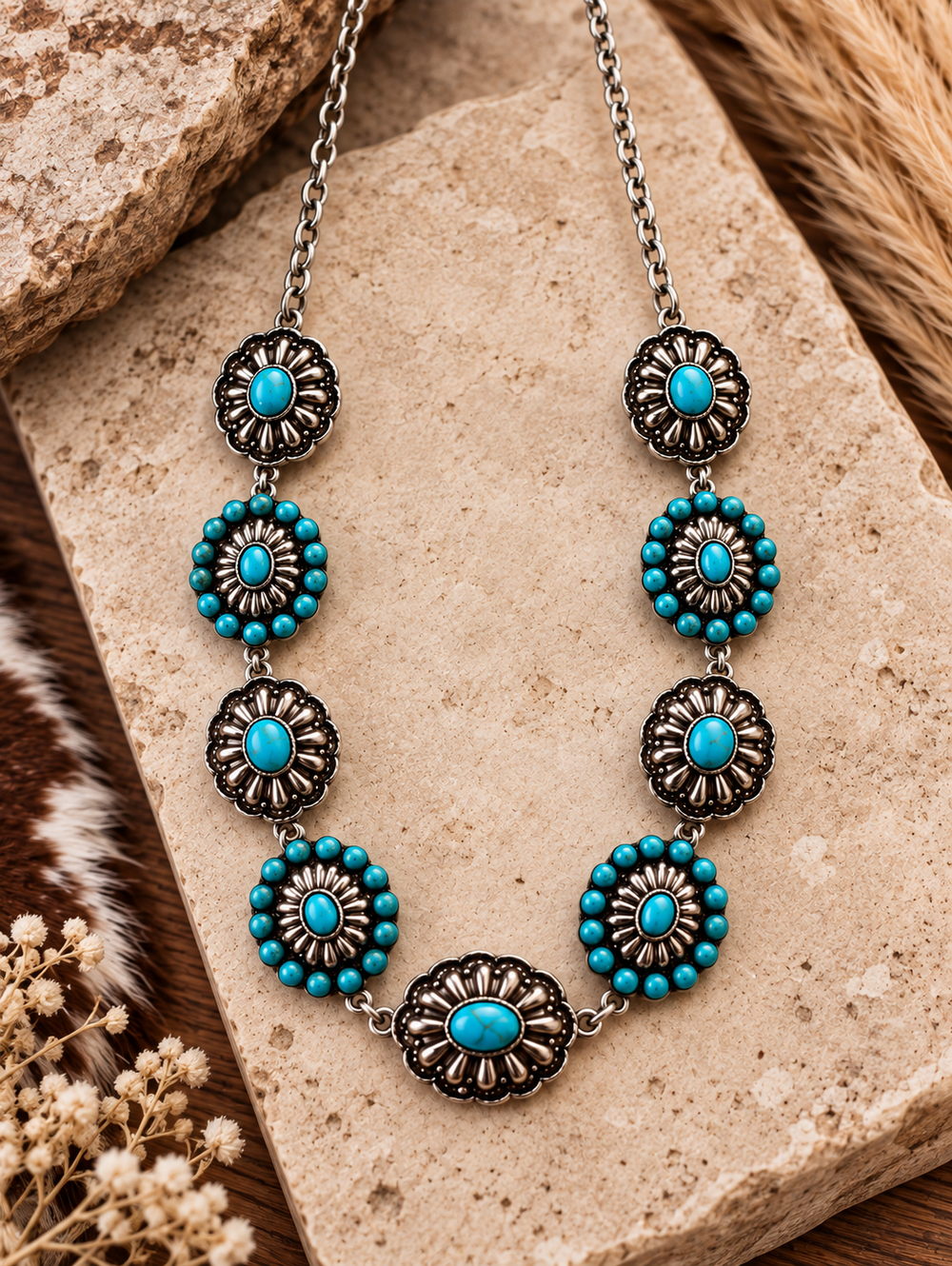 Close styled view of Turquoise Concho Trail Necklace with alternating silver-tone and turquoise conchos