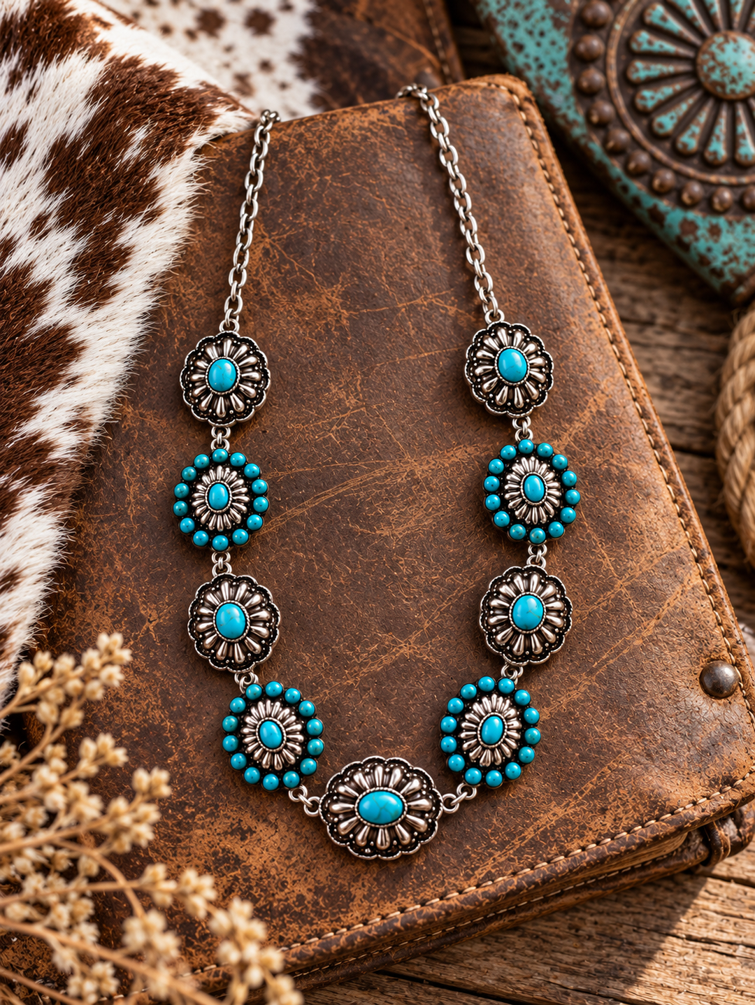 Turquoise Concho Trail Necklace styled on weathered Western leather and cowhide