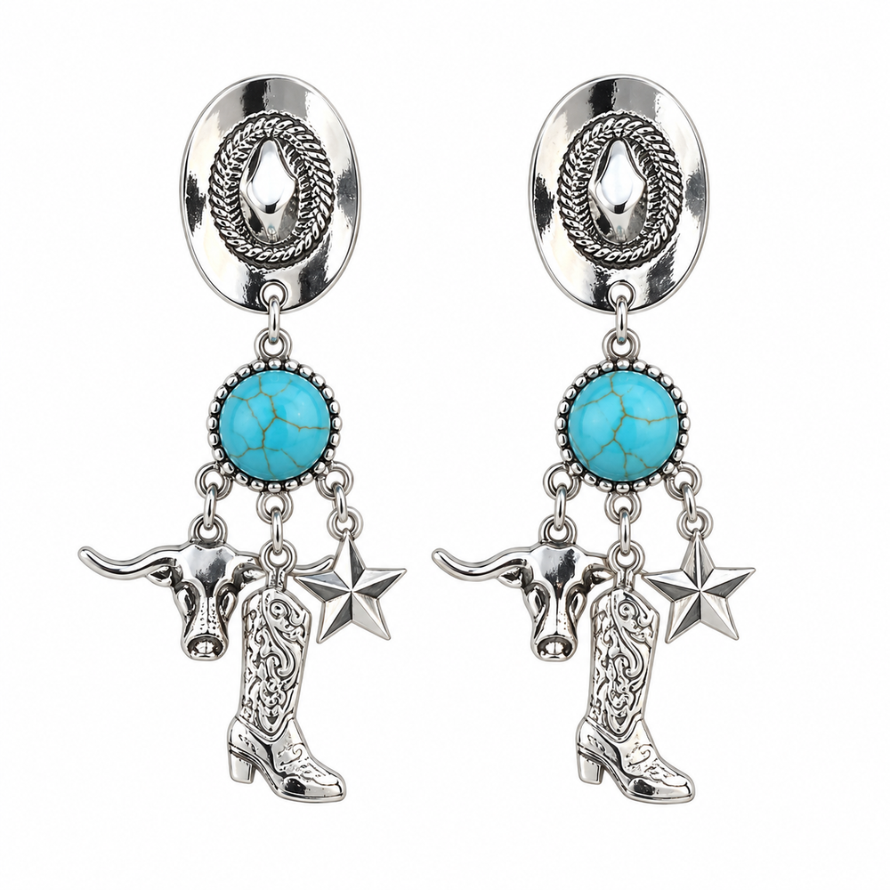 Turquoise cowboy hat Western dangle earrings flat product view